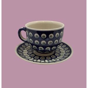Boleslawiec Polish Pottery Large Teacup Saucer Peacock Leaves Ceramic Mug